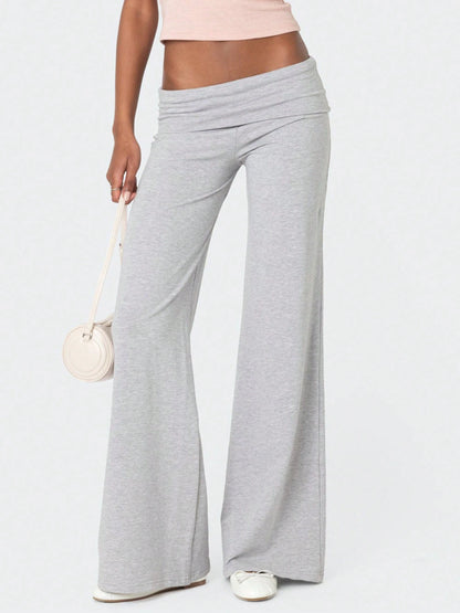 Women Fold Over Yoga Pants Low Rise Solid Color Stretch Casual Straight Wide Leg Palazzo Pants Loose Fit Comfy Flared Leggings Gym Lounge Pants Bootcut Bell Bottoms Baggy Sweatpants Teen Girl Back To
