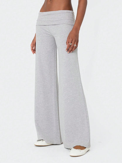 Women Fold Over Yoga Pants Low Rise Solid Color Stretch Casual Straight Wide Leg Palazzo Pants Loose Fit Comfy Flared Leggings Gym Lounge Pants Bootcut Bell Bottoms Baggy Sweatpants Teen Girl Back To