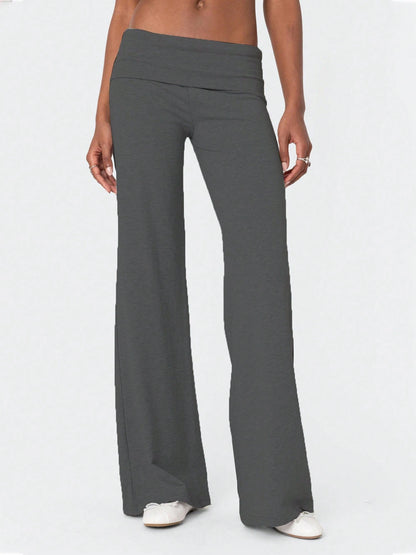 Women Fold Over Yoga Pants Low Rise Solid Color Stretch Casual Straight Wide Leg Palazzo Pants Loose Fit Comfy Flared Leggings Gym Lounge Pants Bootcut Bell Bottoms Baggy Sweatpants Teen Girl Back To
