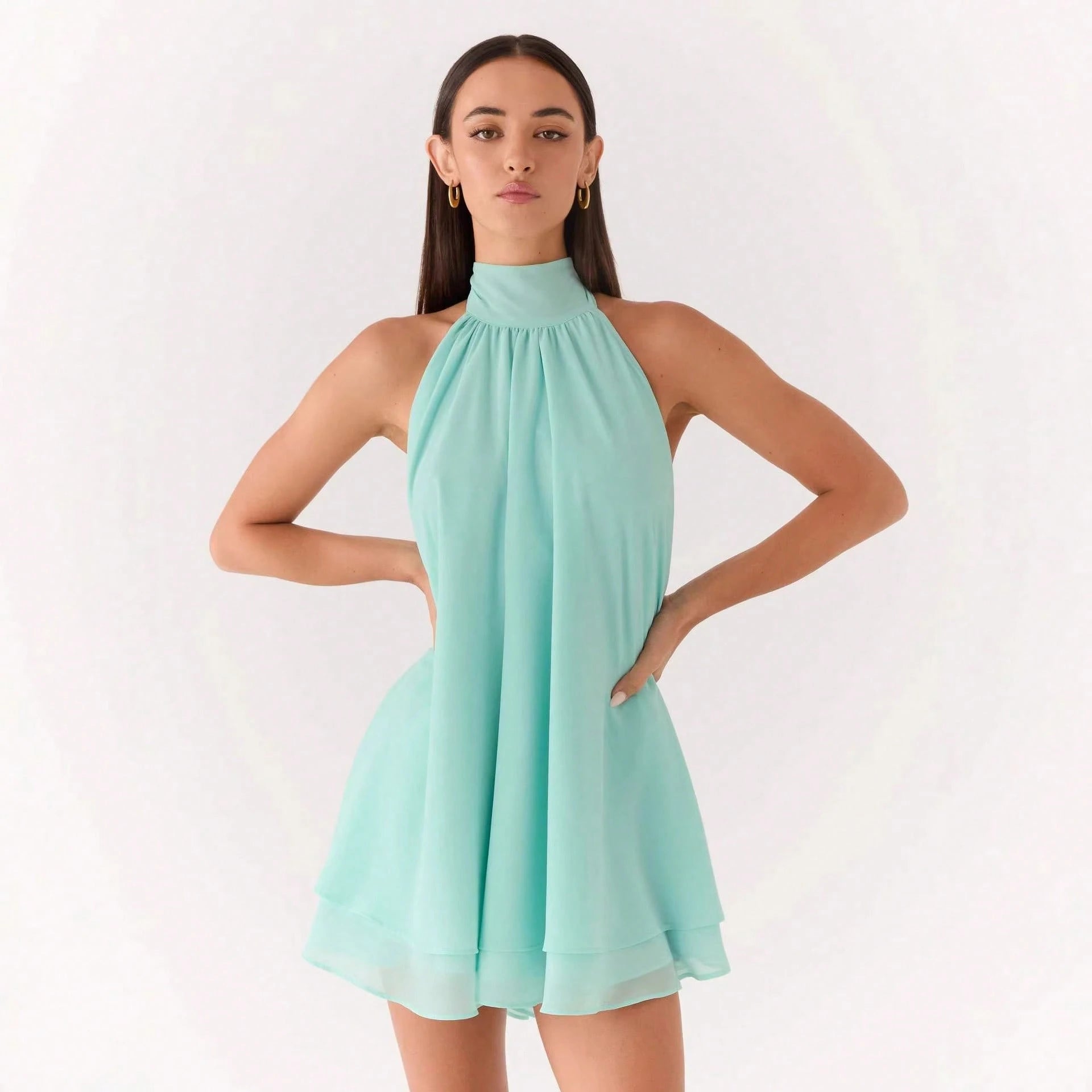 Women Halter Tie Backless Mini Dress, High Neck Sleeveless Double Layer Chiffon Flowy Party Sundress