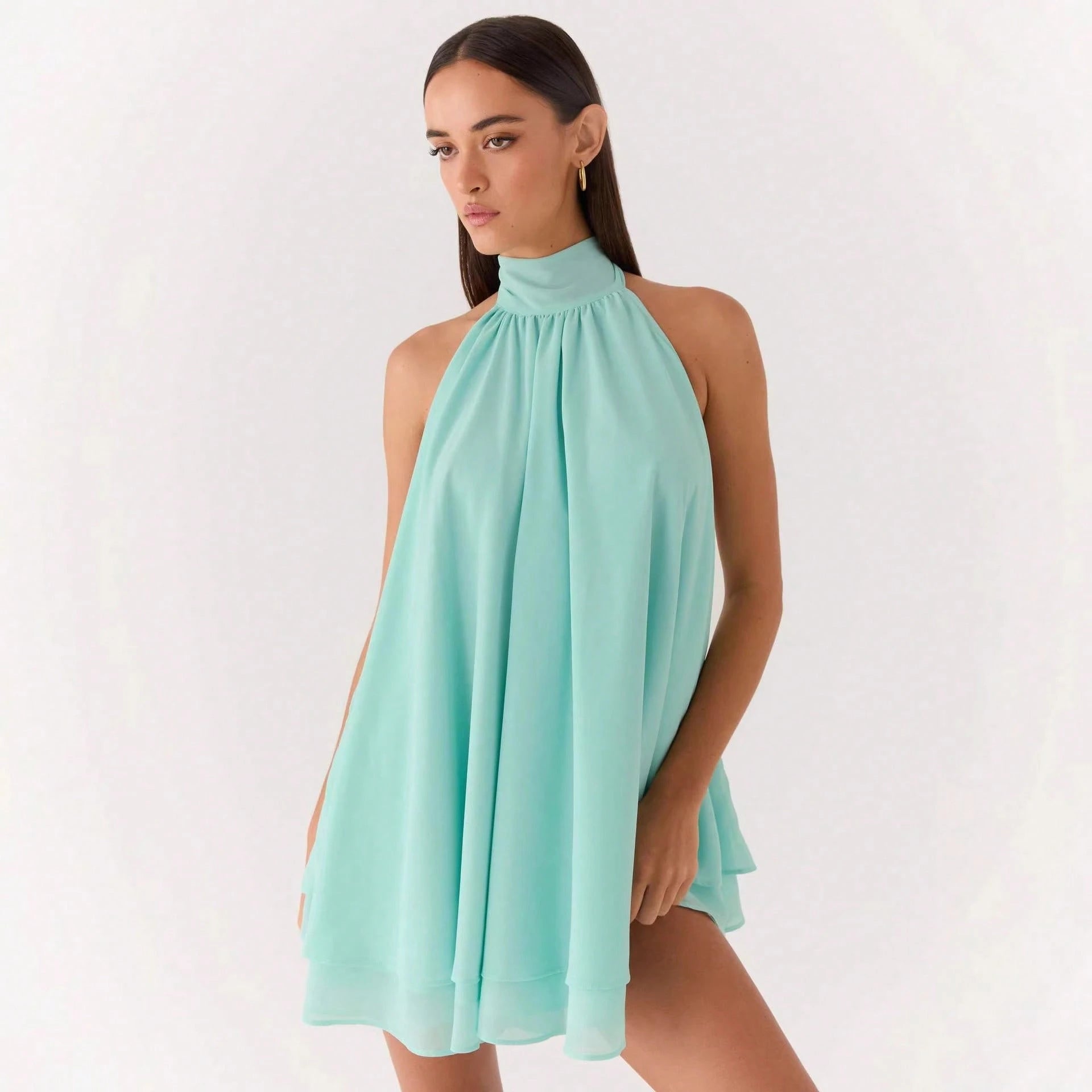 Women Halter Tie Backless Mini Dress, High Neck Sleeveless Double Layer Chiffon Flowy Party Sundress