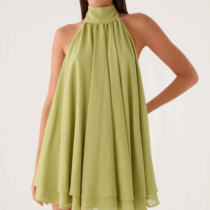 Women Halter Tie Backless Mini Dress, High Neck Sleeveless Double Layer Chiffon Flowy Party Sundress