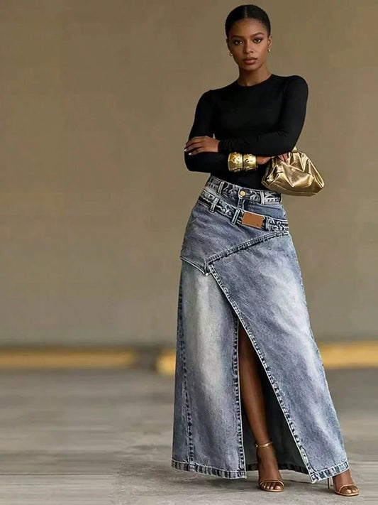 Women High Waist Washed Denim Maxi Skirt With Diagonal Seam Irregular Slit, Summer Beach Vacation Long Skirt