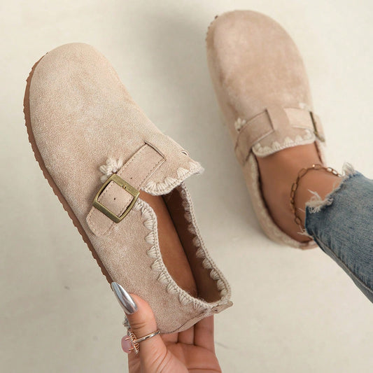Women'Retro Round-Toe Flat Shoes With Buckle Closure, Solid Color Textured PU Upper, Cushioned Insole, Non-Slip Rubber Sole