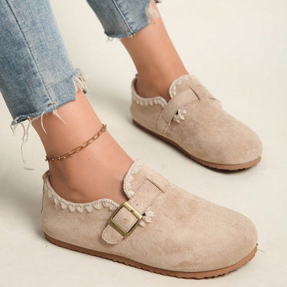 Women'Retro Round-Toe Flat Shoes With Buckle Closure, Solid Color Textured PU Upper, Cushioned Insole, Non-Slip Rubber Sole