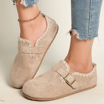 Women'Retro Round-Toe Flat Shoes With Buckle Closure, Solid Color Textured PU Upper, Cushioned Insole, Non-Slip Rubber Sole