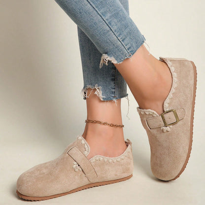 Women'Retro Round-Toe Flat Shoes With Buckle Closure, Solid Color Textured PU Upper, Cushioned Insole, Non-Slip Rubber Sole