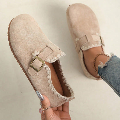 Women'Retro Round-Toe Flat Shoes With Buckle Closure, Solid Color Textured PU Upper, Cushioned Insole, Non-Slip Rubber Sole