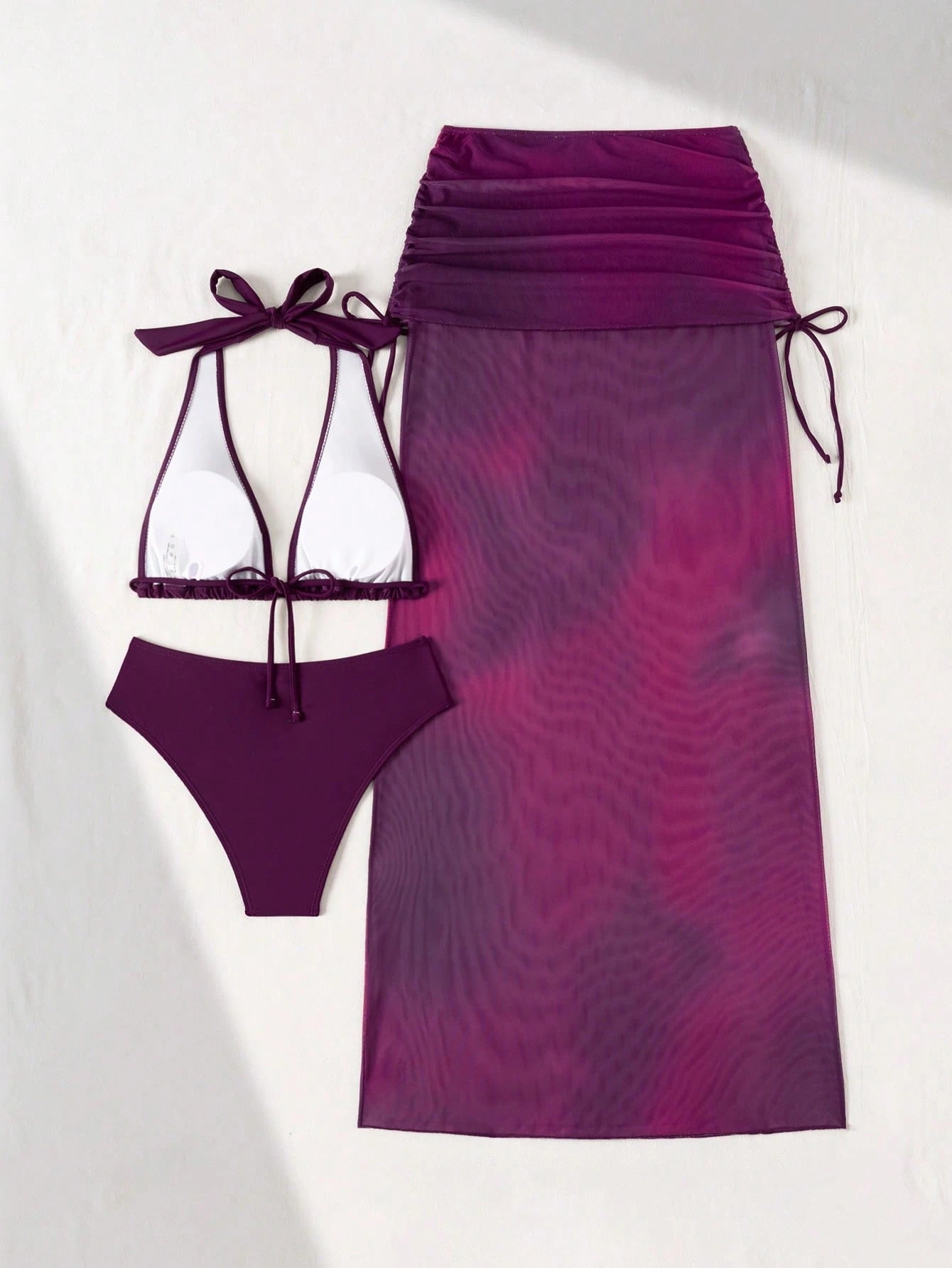 Women's 2026 Lucky Girl Vintage Bohemian Ombre Purple 3-Piece Bikini Set Set, Tie-Neck Triangle Top, High-Waist Bottom, Sheer Sarong Cover-Up, Suitable For Beach, Island, Holiday, Yacht, Pool Party Va