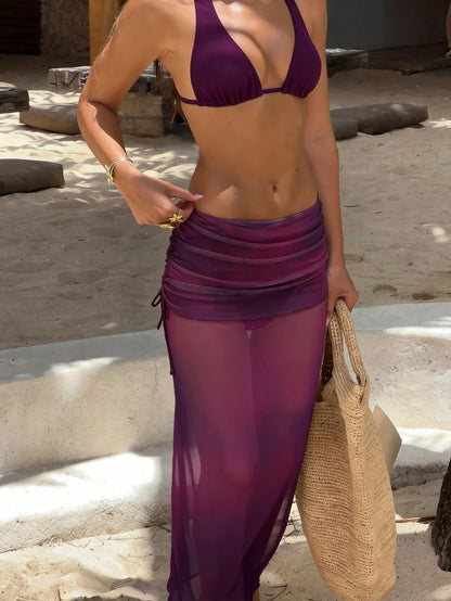 Women's 2026 Lucky Girl Vintage Bohemian Ombre Purple 3-Piece Bikini Set Set, Tie-Neck Triangle Top, High-Waist Bottom, Sheer Sarong Cover-Up, Suitable For Beach, Island, Holiday, Yacht, Pool Party Va