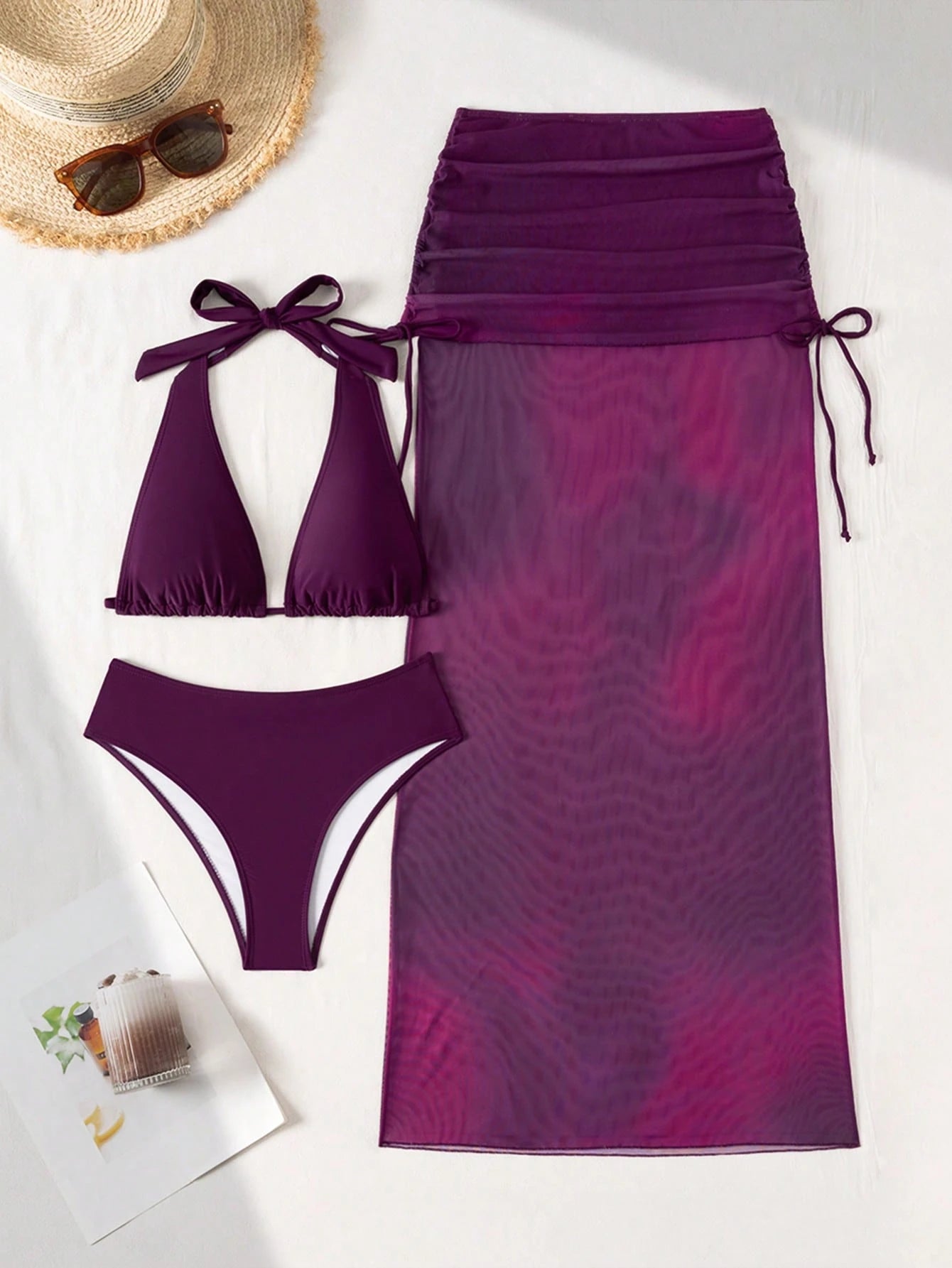 Women's 2026 Lucky Girl Vintage Bohemian Ombre Purple 3-Piece Bikini Set Set, Tie-Neck Triangle Top, High-Waist Bottom, Sheer Sarong Cover-Up, Suitable For Beach, Island, Holiday, Yacht, Pool Party Va