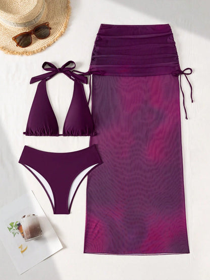 Women's 2026 Lucky Girl Vintage Bohemian Ombre Purple 3-Piece Bikini Set Set, Tie-Neck Triangle Top, High-Waist Bottom, Sheer Sarong Cover-Up, Suitable For Beach, Island, Holiday, Yacht, Pool Party Va
