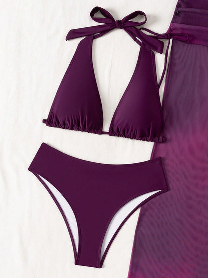 Women's 2026 Lucky Girl Vintage Bohemian Ombre Purple 3-Piece Bikini Set Set, Tie-Neck Triangle Top, High-Waist Bottom, Sheer Sarong Cover-Up, Suitable For Beach, Island, Holiday, Yacht, Pool Party Va