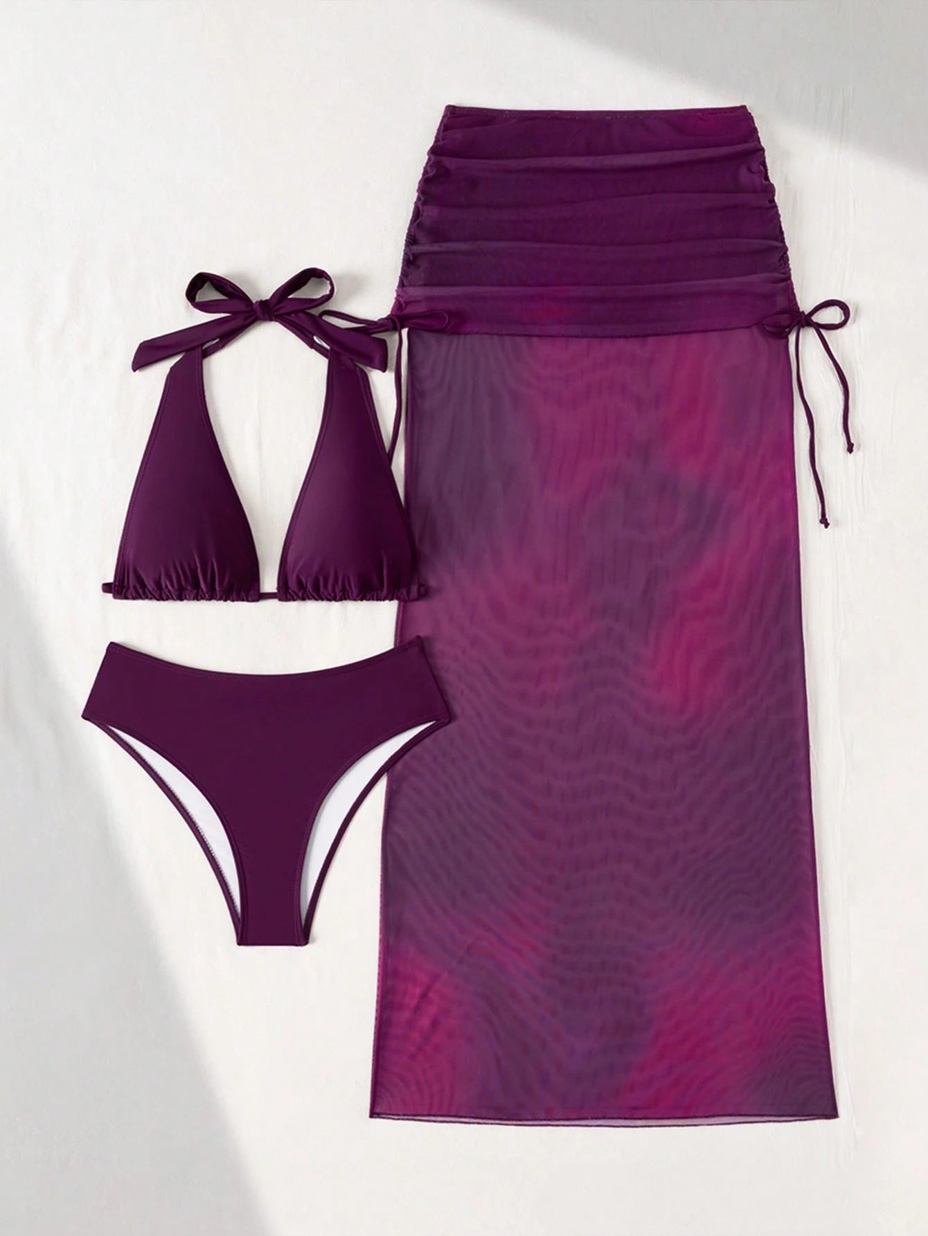 Women's 2026 Lucky Girl Vintage Bohemian Ombre Purple 3-Piece Bikini Set Set, Tie-Neck Triangle Top, High-Waist Bottom, Sheer Sarong Cover-Up, Suitable For Beach, Island, Holiday, Yacht, Pool Party Va