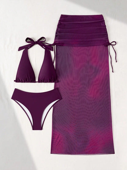 Women's 2026 Lucky Girl Vintage Bohemian Ombre Purple 3-Piece Bikini Set Set, Tie-Neck Triangle Top, High-Waist Bottom, Sheer Sarong Cover-Up, Suitable For Beach, Island, Holiday, Yacht, Pool Party Va