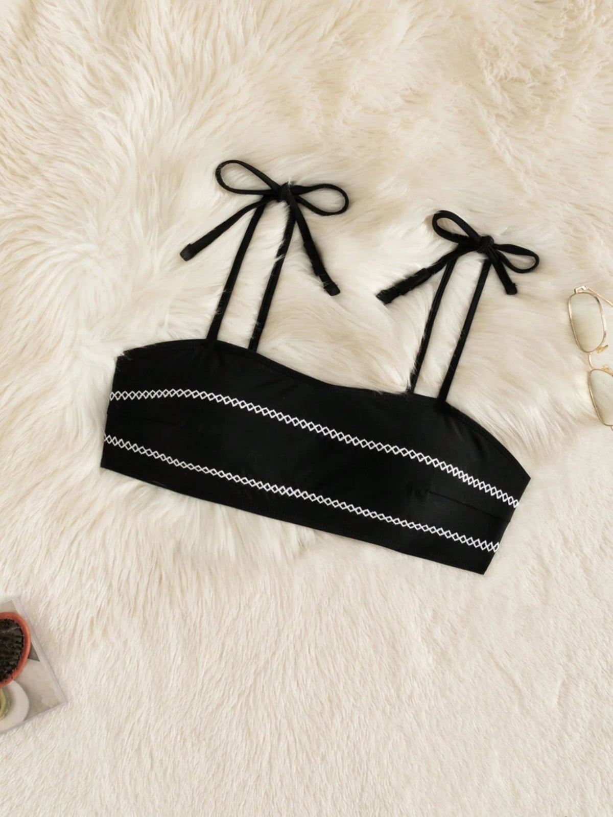Women's 2026 Summer Lucky Girl Series Bandeau Curved Seam Craft Elegant Spaghetti Strap Black Minimalist Sexy Bikini Top Beach Casual & Holiday Vacation High Elasticity Swimwear Side Tie Swim Bottoms