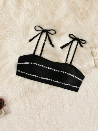 Women's 2026 Summer Lucky Girl Series Bandeau Curved Seam Craft Elegant Spaghetti Strap Black Minimalist Sexy Bikini Top Beach Casual & Holiday Vacation High Elasticity Swimwear Side Tie Swim Bottoms