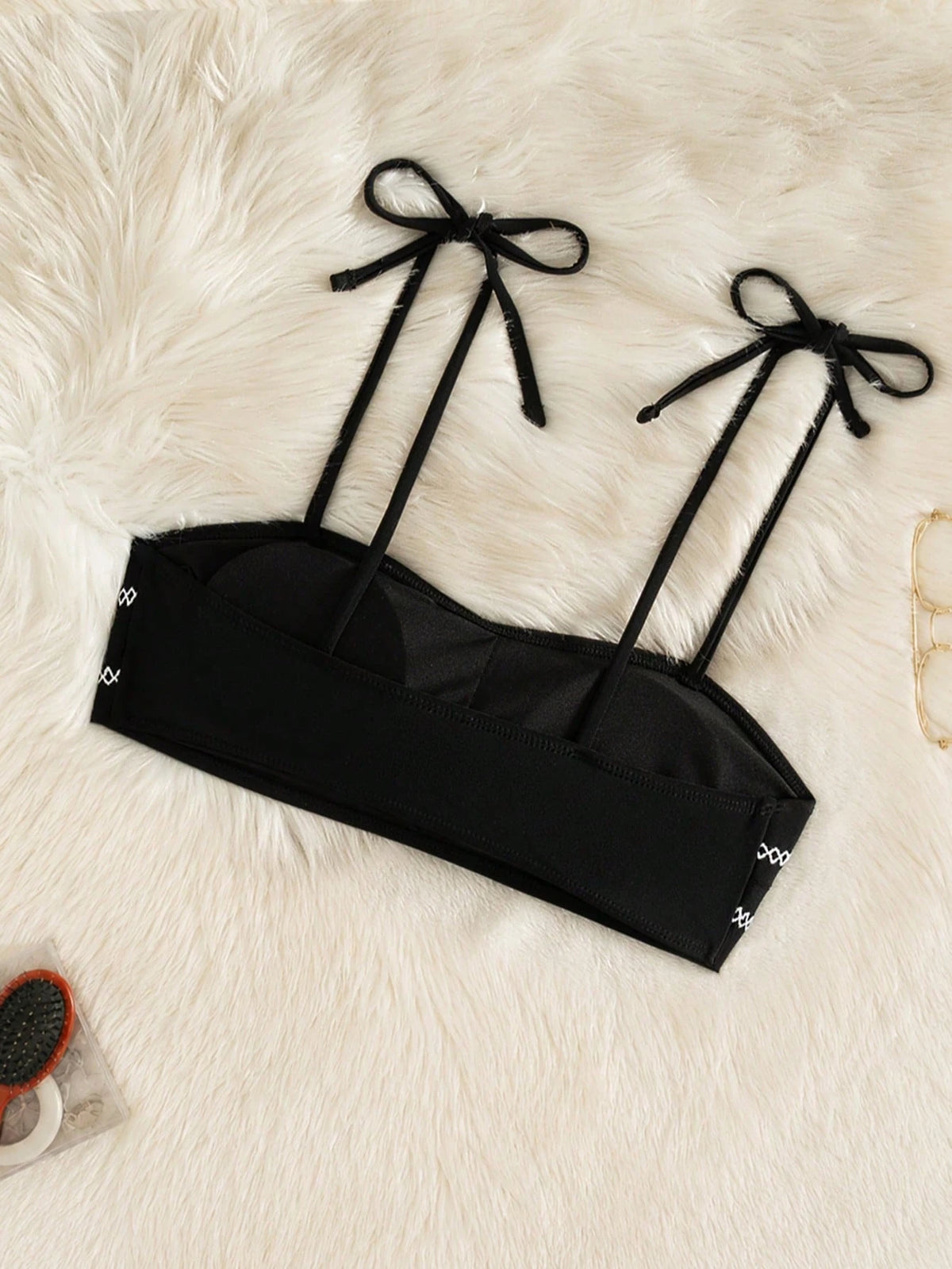 Women's 2026 Summer Lucky Girl Series Bandeau Curved Seam Craft Elegant Spaghetti Strap Black Minimalist Sexy Bikini Top Beach Casual & Holiday Vacation High Elasticity Swimwear Side Tie Swim Bottoms