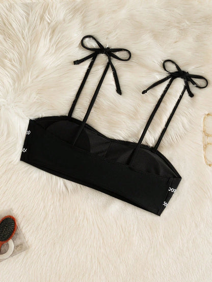 Women's 2026 Summer Lucky Girl Series Bandeau Curved Seam Craft Elegant Spaghetti Strap Black Minimalist Sexy Bikini Top Beach Casual & Holiday Vacation High Elasticity Swimwear Side Tie Swim Bottoms