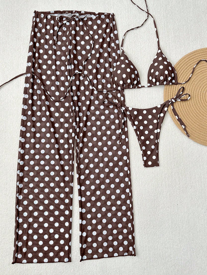Women's 3-Piece Polka Dot Halter Neck Backless Bikini Set With Tie-Up Netted Pants, Vintage Style Beach Vacation Casual Outfit, Spring/Summer Brown