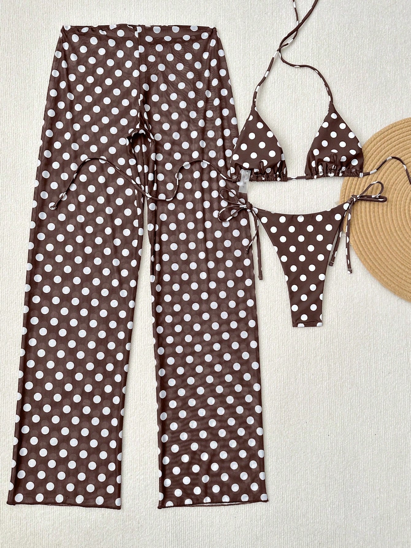 Women's 3-Piece Polka Dot Halter Neck Backless Bikini Set With Tie-Up Netted Pants, Vintage Style Beach Vacation Casual Outfit, Spring/Summer Brown