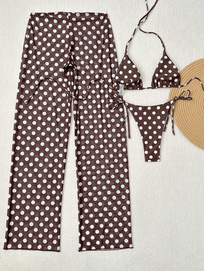 Women's 3-Piece Polka Dot Halter Neck Backless Bikini Set With Tie-Up Netted Pants, Vintage Style Beach Vacation Casual Outfit, Spring/Summer Brown
