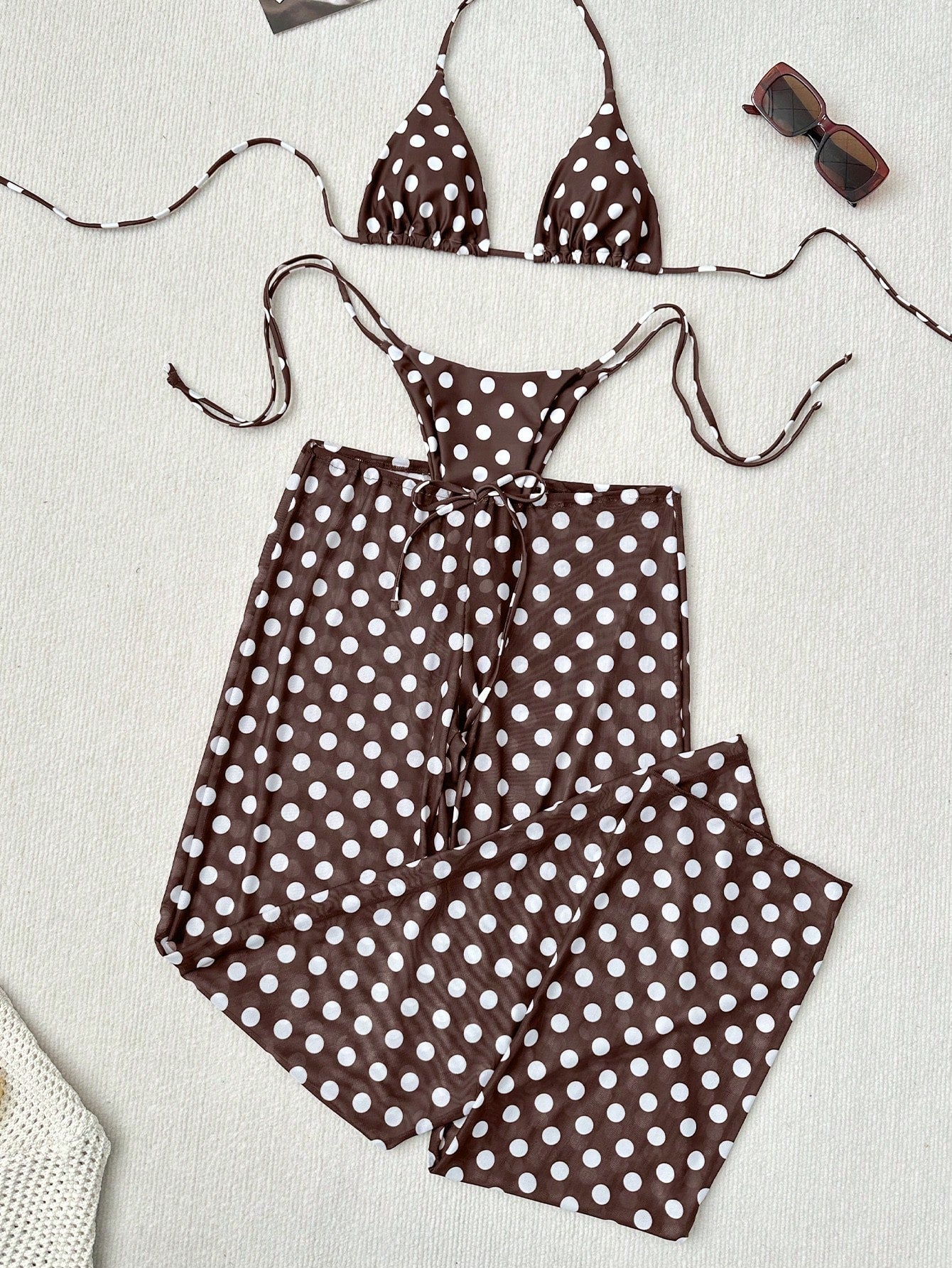 Women's 3-Piece Polka Dot Halter Neck Backless Bikini Set With Tie-Up Netted Pants, Vintage Style Beach Vacation Casual Outfit, Spring/Summer Brown