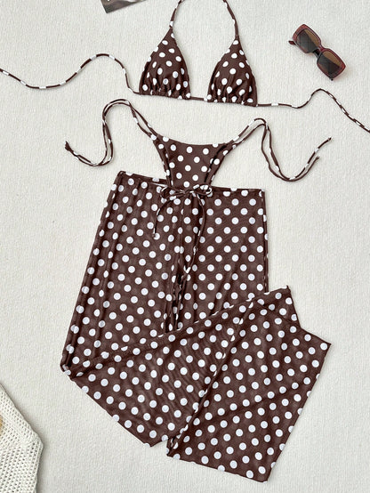 Women's 3-Piece Polka Dot Halter Neck Backless Bikini Set With Tie-Up Netted Pants, Vintage Style Beach Vacation Casual Outfit, Spring/Summer Brown