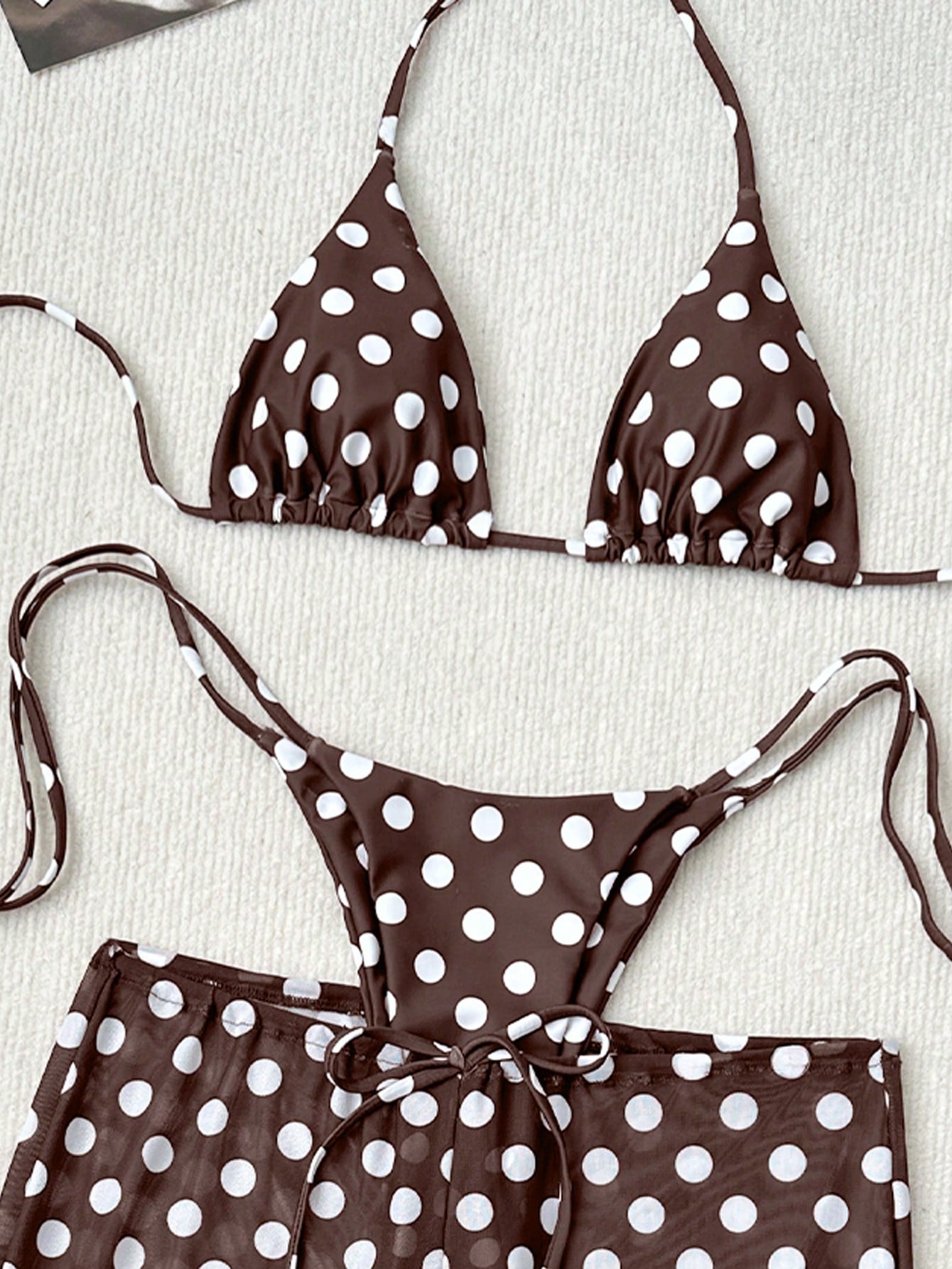 Women's 3-Piece Polka Dot Halter Neck Backless Bikini Set With Tie-Up Netted Pants, Vintage Style Beach Vacation Casual Outfit, Spring/Summer Brown