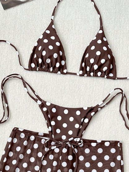 Women's 3-Piece Polka Dot Halter Neck Backless Bikini Set With Tie-Up Netted Pants, Vintage Style Beach Vacation Casual Outfit, Spring/Summer Brown