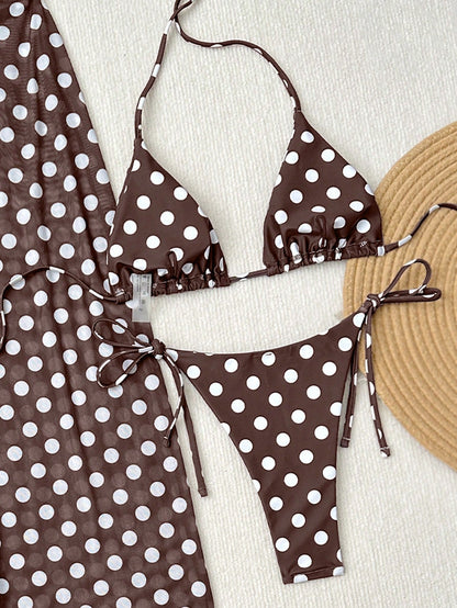 Women's 3-Piece Polka Dot Halter Neck Backless Bikini Set With Tie-Up Netted Pants, Vintage Style Beach Vacation Casual Outfit, Spring/Summer Brown