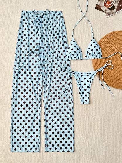 Women's 3-Piece Polka Dot Halter Neck Backless Bikini Set With Tie-Up Netted Pants, Vintage Style Beach Vacation Casual Outfit, Spring/Summer Brown