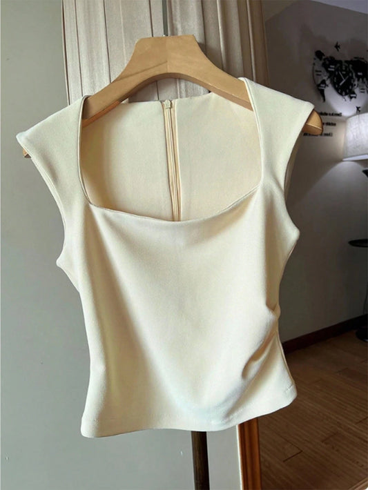 Women's Apricot Solid Color Pleated Waist Zip Back Square Neck Sleeveless Tank Top