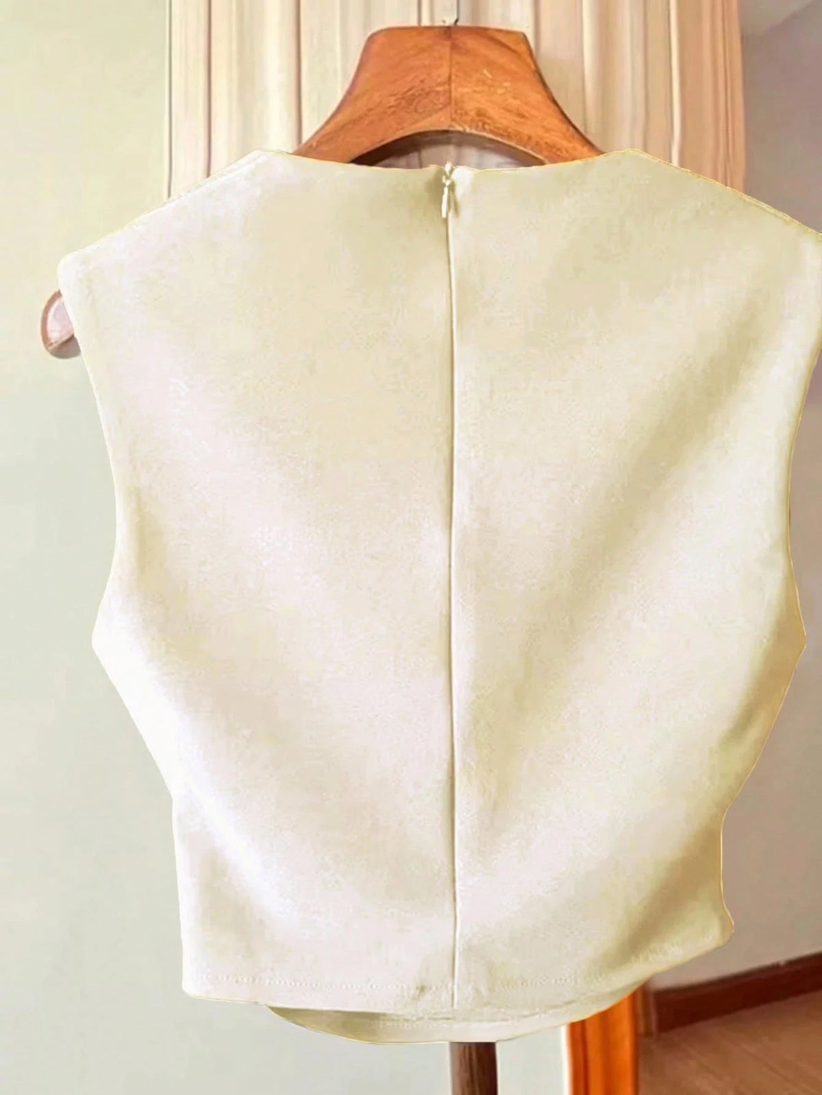 Women's Apricot Solid Color Pleated Waist Zip Back Square Neck Sleeveless Tank Top
