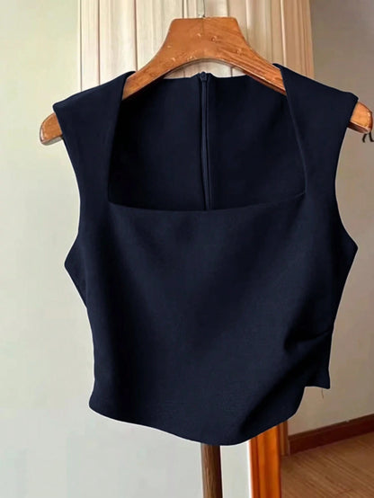 Women's Apricot Solid Color Pleated Waist Zip Back Square Neck Sleeveless Tank Top