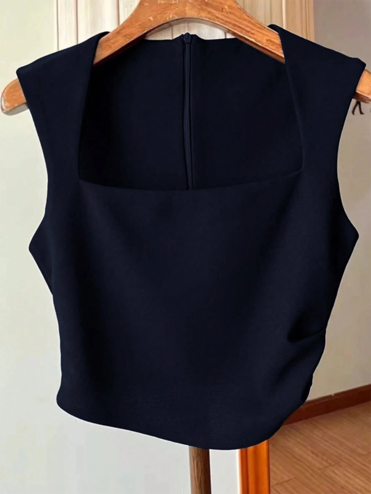 Women's Apricot Solid Color Pleated Waist Zip Back Square Neck Sleeveless Tank Top