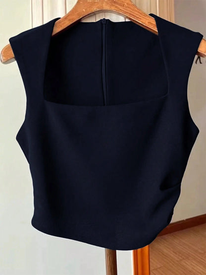 Women's Apricot Solid Color Pleated Waist Zip Back Square Neck Sleeveless Tank Top
