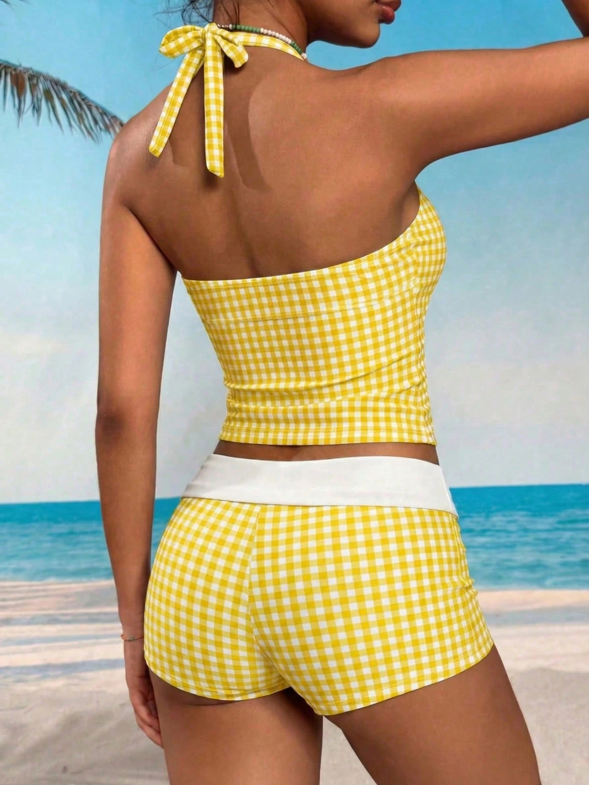 Women's Backless Plaid Print Camisole Swimwear Top, Medium Stretch, Non-Sheer, Backless Leisure Summer Swimwear Vacation Beach Yellow
