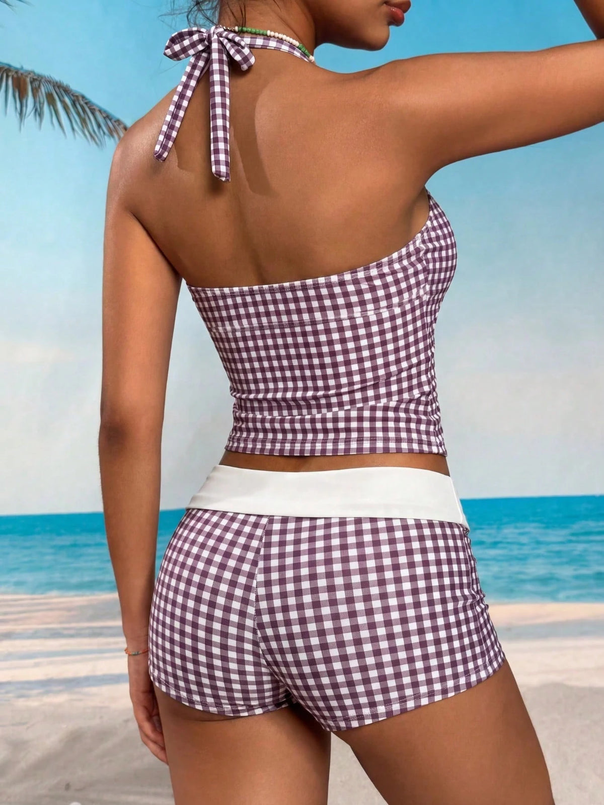 Women's Backless Plaid Print Camisole Swimwear Top, Medium Stretch, Non-Sheer, Backless Leisure Summer Swimwear Vacation Beach Yellow