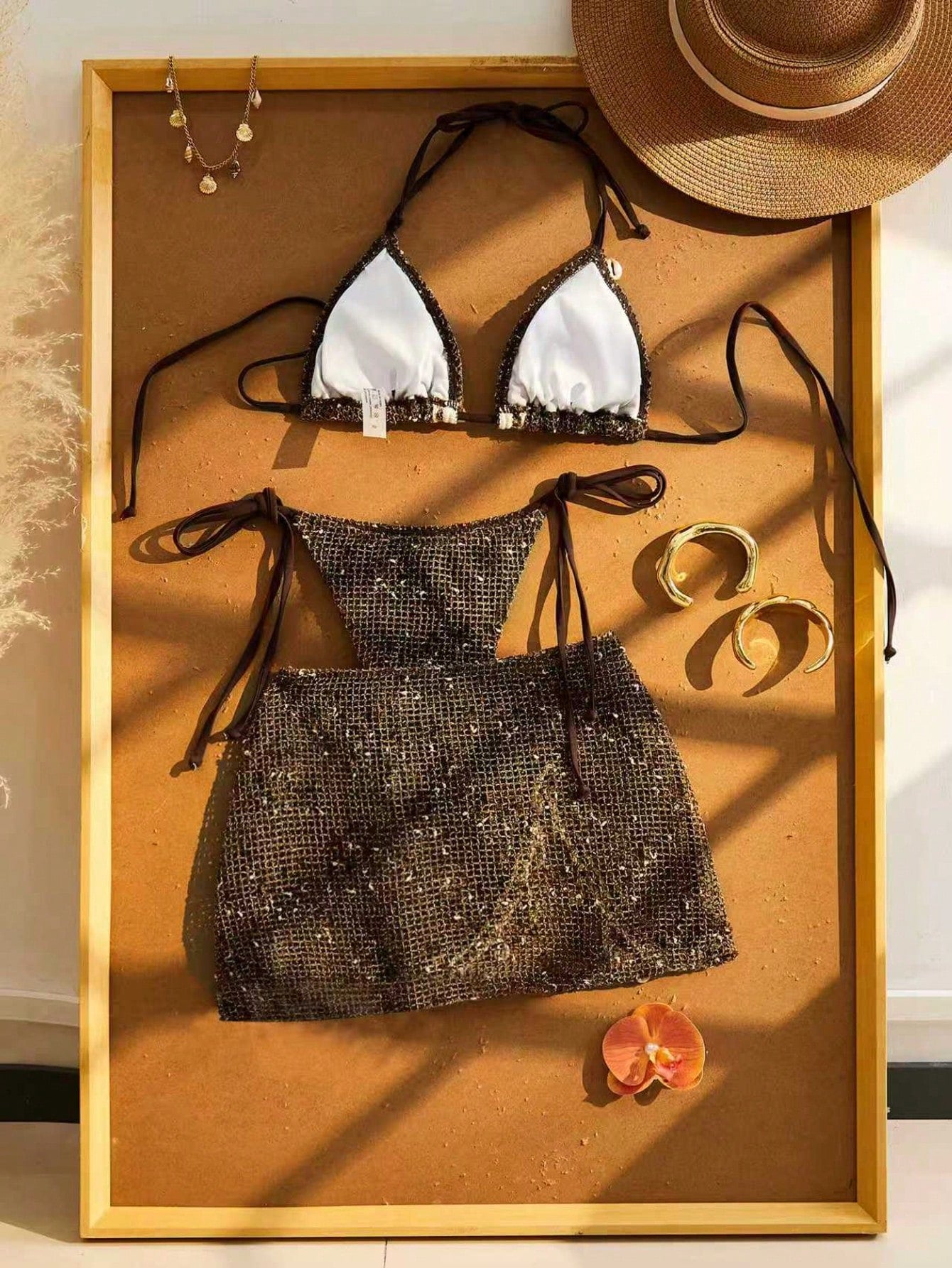 Women's Bikini Set, Bohemian Style Crochet Ribbon & Shell Decor Adjustable Drawstring Vacation Skirt Beach Brown Summer