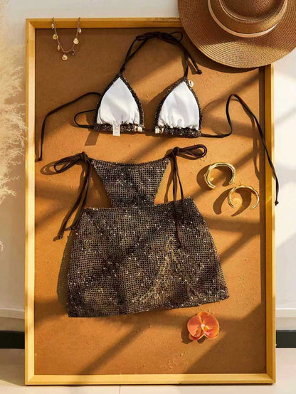 Women's Bikini Set, Bohemian Style Crochet Ribbon & Shell Decor Adjustable Drawstring Vacation Skirt Beach Brown Summer