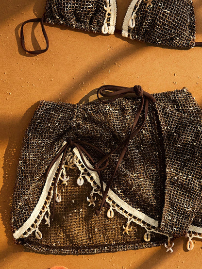 Women's Bikini Set, Bohemian Style Crochet Ribbon & Shell Decor Adjustable Drawstring Vacation Skirt Beach Brown Summer