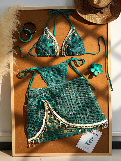 Women's Bikini Set, Bohemian Style Crochet Ribbon & Shell Decor Adjustable Drawstring Vacation Skirt Beach Brown Summer