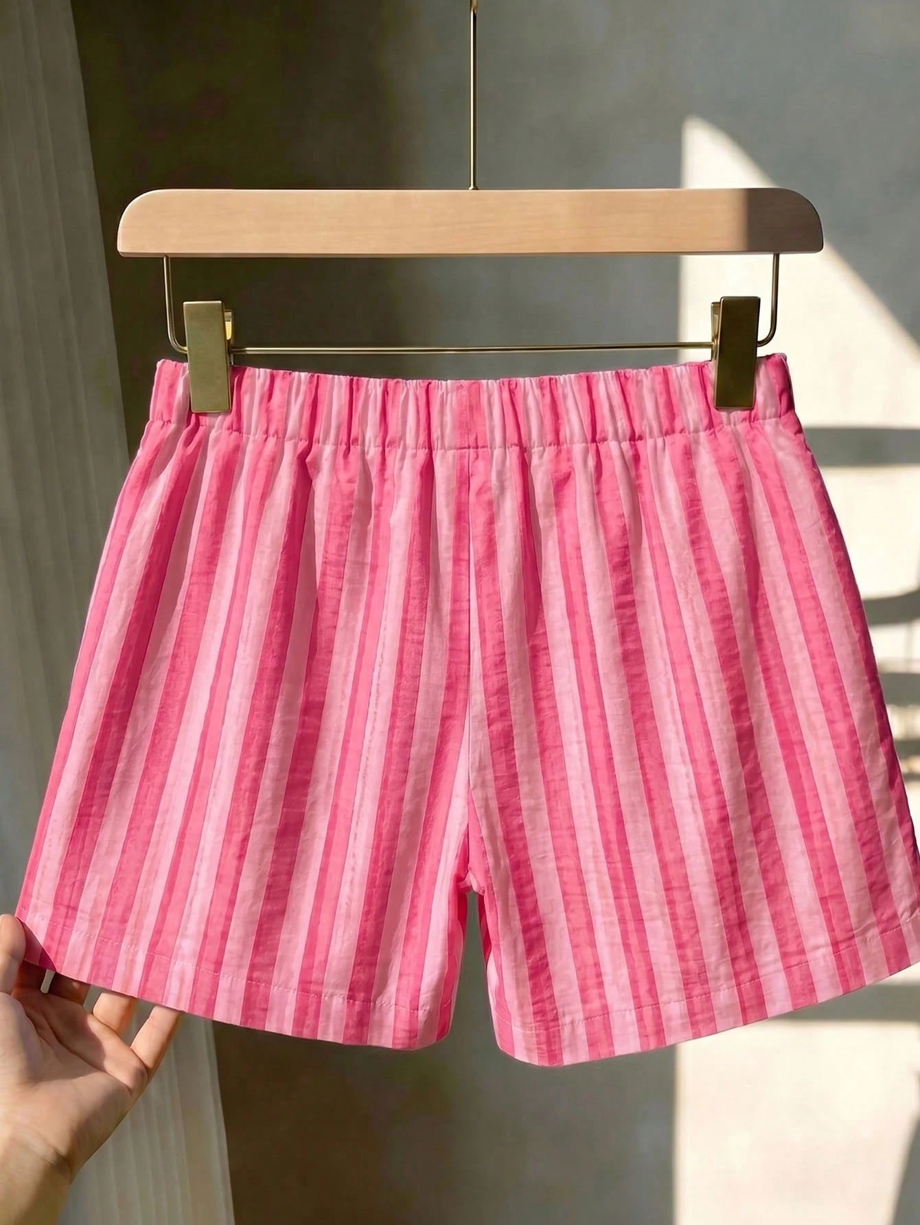 Women's Blue & White Striped Woven Wide Leg Casual Beach Pants, Women's Casual Summer Cool Shorts For Beach Vacation Pink