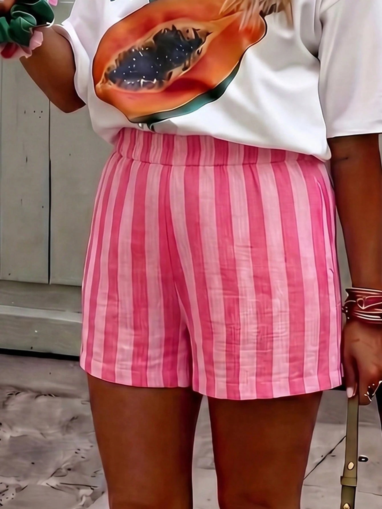 Women's Blue & White Striped Woven Wide Leg Casual Beach Pants, Women's Casual Summer Cool Shorts For Beach Vacation Pink