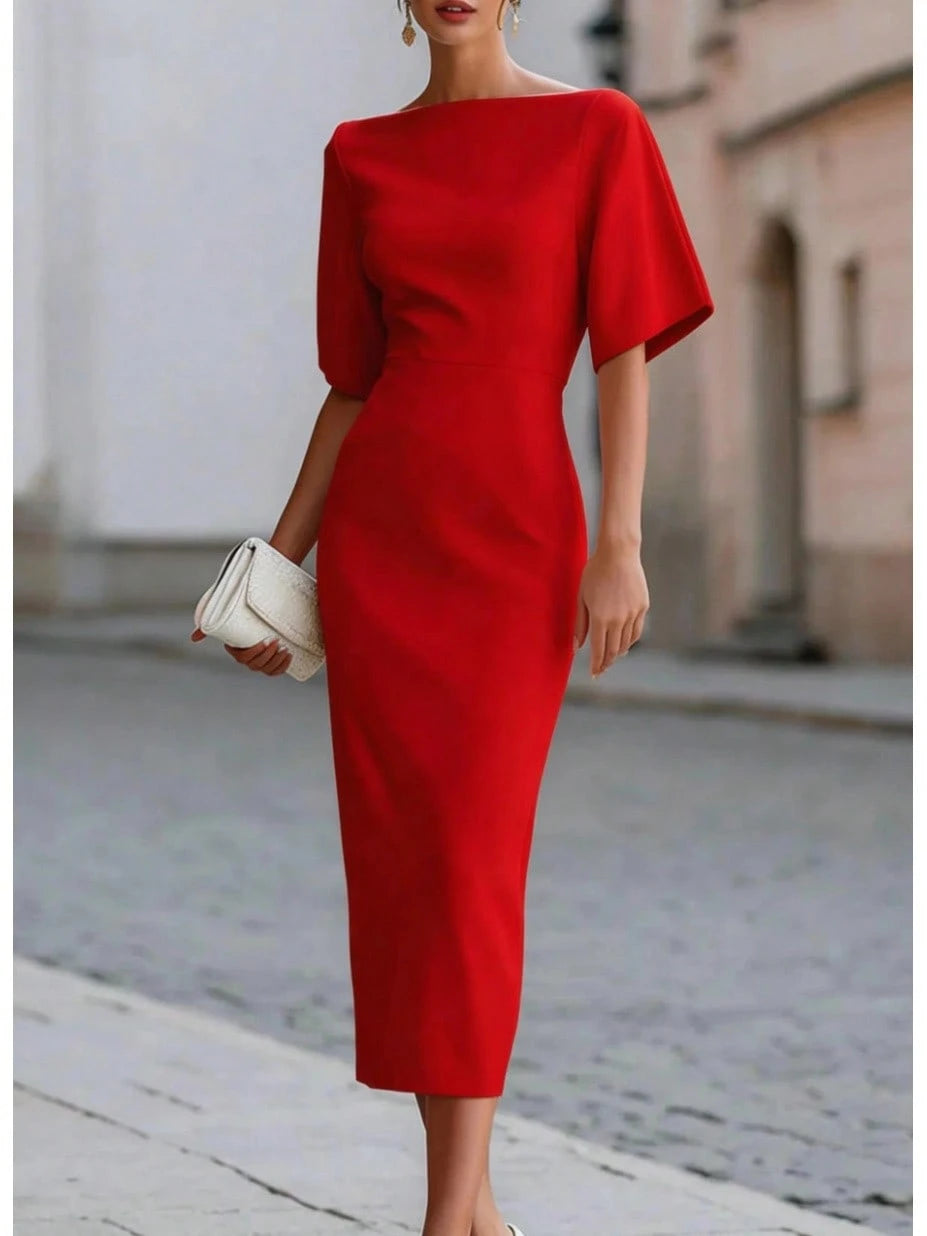 Women's Boat Neck Short Sleeve Midi Dress, Form-Fitting Minimalist Elegant Dress, Formal Bridal Cocktail Special Occasion Outfit