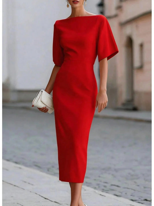 Women's Boat Neck Short Sleeve Midi Dress, Form-Fitting Minimalist Elegant Dress, Formal Bridal Cocktail Special Occasion Outfit