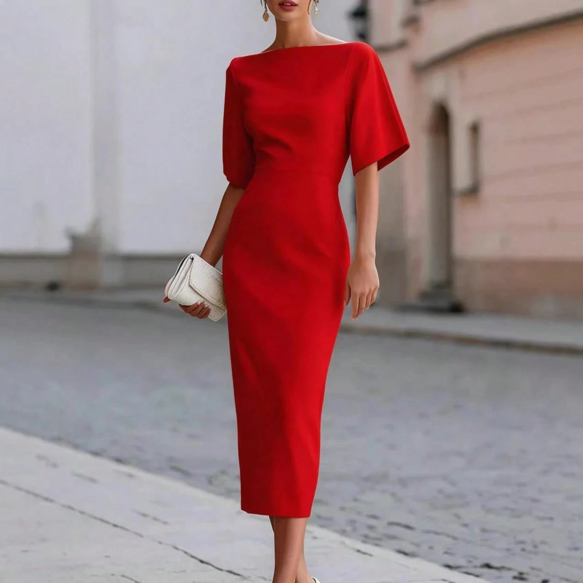 Women's Boat Neck Short Sleeve Midi Dress, Form-Fitting Minimalist Elegant Dress, Formal Bridal Cocktail Special Occasion Outfit