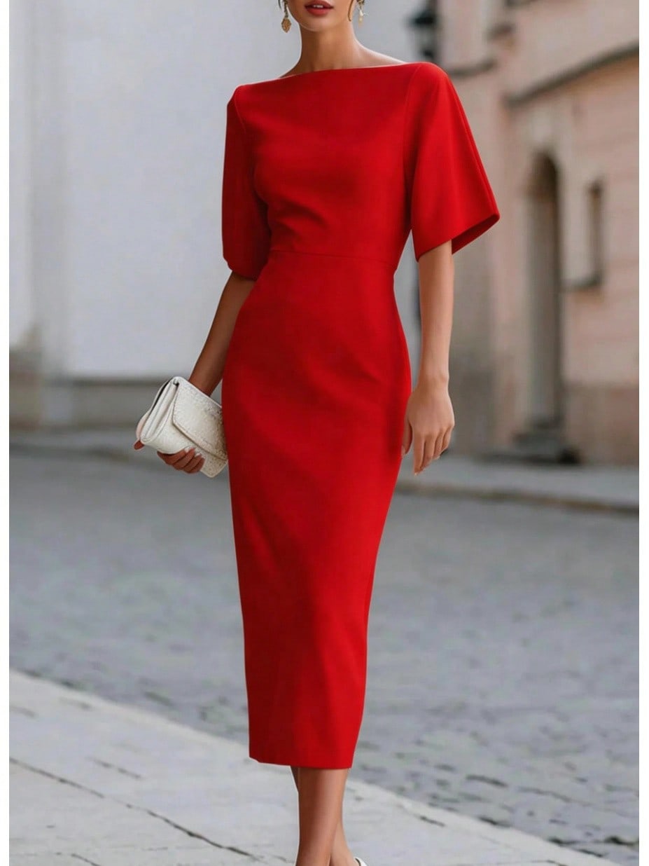 Women's Boat Neck Short Sleeve Midi Dress, Form-Fitting Minimalist Elegant Dress, Formal Bridal Cocktail Special Occasion Outfit