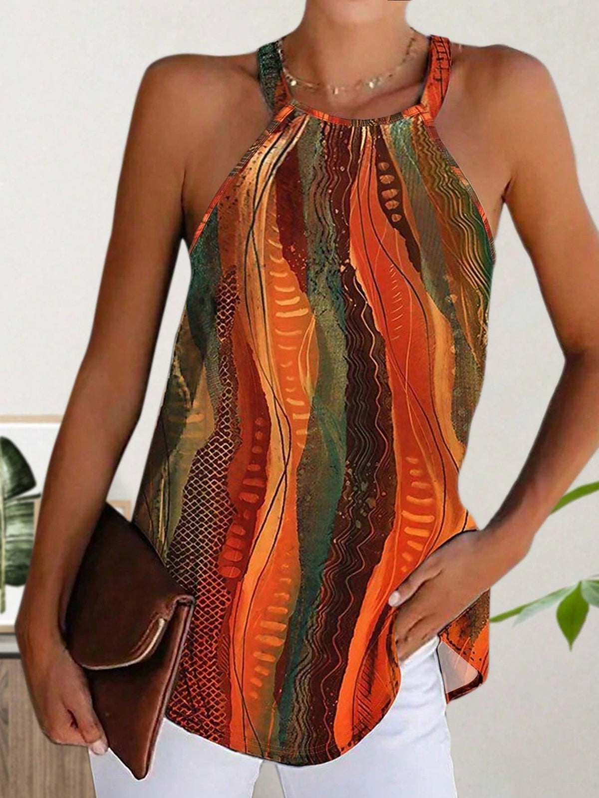 Women's Bohemian Abstract Print Sleeveless Casual Loose Flowing Halter Top, Bohemian Style, Mother's Day, Summer Beach Holiday, Daily Party Vacation